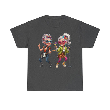 Senior Rock Duo Graphic Tee — Retro Grandmas Singing & Playing Guitar