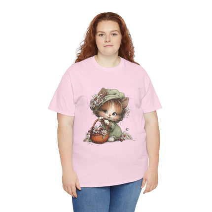 Whimsical Spring Cat #31 - Kitten Reaching for Butterfly Tee | Cute Cat Illustration Shirt