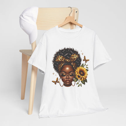 Afro Sunflower Tee — Black Woman Headwrap Graphic T-Shirt