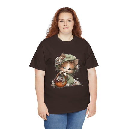 Whimsical Spring Cat #31 - Kitten Reaching for Butterfly Tee | Cute Cat Illustration Shirt