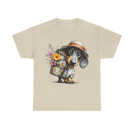 Dachshund with Flower Basket T‑Shirt — Cute Puppy Garden Tee