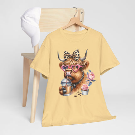 Cute Highland Cow Tee with Heart Sunglasses, Leopard Bow & Coffee — Cow Mom Gift