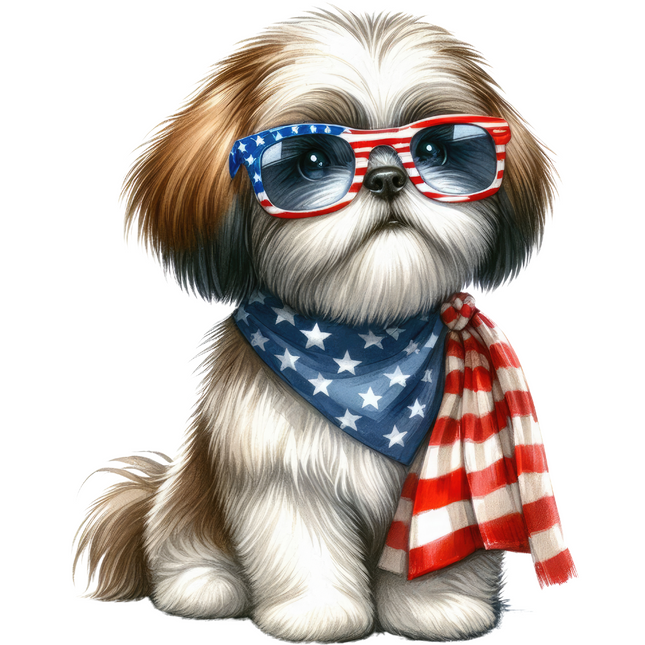 Shih Tzu in Patriotic Glasses – DTF Heat Transfer DTF Transfers Style Junction – Custom Digital Designs & Apparel