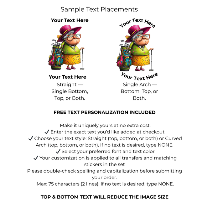 Grandma Fairway Flo 6-Pack DIY Bundle – 3 Eco-Solvent Iron-On Heat Transfers + 3 Sublimation Iron-On Heat Transfers, Ready to Press. Bonus: 4 Matching 2-Inch Stickers