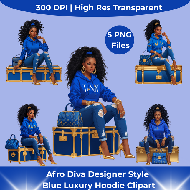 Afro Diva in Blue Luxe Hoodie – PNG Bundle of 5 Digital File Style Junction – Custom Digital Designs & Apparel