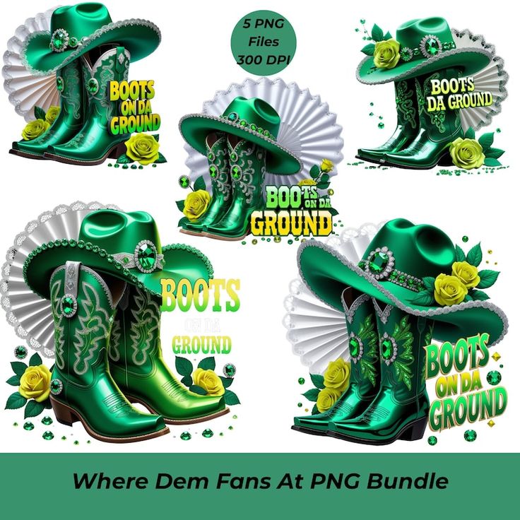 Boots On Da Ground Green PNG Bundle | 5 High-Res Transparent Cowgirl Clipart Files for Sublimation on T-Shirts, Mugs, Tote Bags & More Digital File Style-Junction Custom Designs & Prints