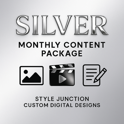Silver Monthly Content Package branding with icons for images, videos, captions by Style Junction Custom Digital Designs offering exclusive creativity.