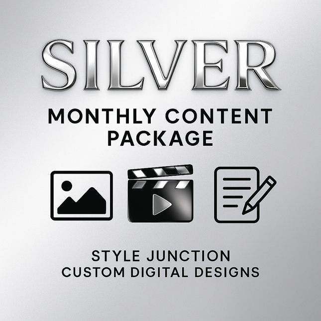 Silver Monthly Content Package branding with icons for images, videos, captions by Style Junction Custom Digital Designs offering exclusive creativity.