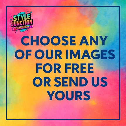 Bright colorful background with Style Junction logo and text about choosing free or custom images for sublimation transfers