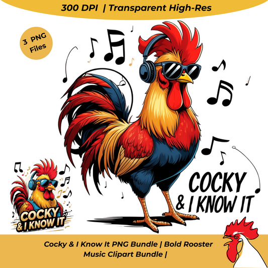 Cocky & I Know It PNG Bundle | 3 Bold Rooster Music Clipart Files | Transparent High-Res Designs for Sublimation, Tees, Mugs & More Digital File Style-Junction Custom Designs & Prints