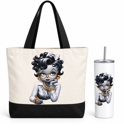 Custom Design Retro Glam Girl Tote Bag and 20 oz Skinny Tumbler 2-Piece Set, Grayscale Portrait with Gold Glasses and Jewelry, Matching Accessories