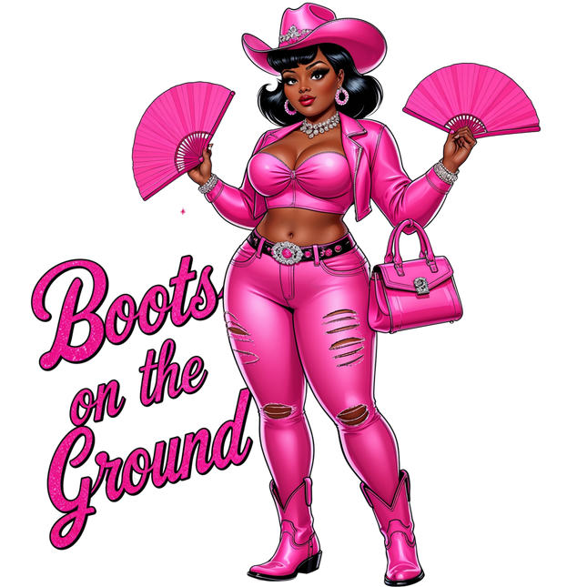 Pink Glam Cowgirl “Boots on the Ground” – DTF Heat Transfers #1 DTF Transfers Style Junction – Custom Digital Designs & Apparel