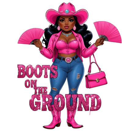 Pink Glam Cowgirl “Boots on the Ground” – DTF Heat Transfers #3 DTF Transfers Style Junction – Custom Digital Designs & Apparel