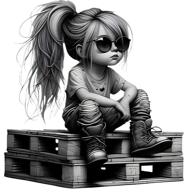 Grayscale cool girl with ponytail and sunglasses sitting on wooden pallets in ripped jeans and boots illustration.