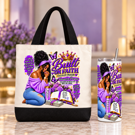 Custom Design Built on Faith Tote Bag and 20 oz Skinny Tumbler 2-Piece Set, Purple Prayer Artwork with Butterflies and Flowers, Christian Gift Set