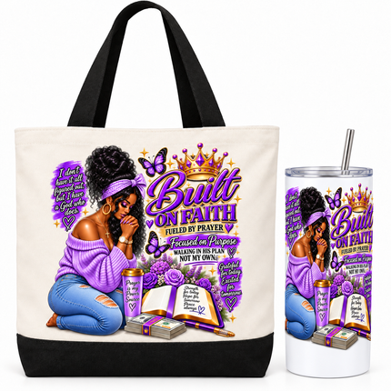 Custom Design Built on Faith Tote Bag and 20 oz Skinny Tumbler 2-Piece Set, Purple Prayer Artwork with Butterflies and Flowers, Christian Gift Set