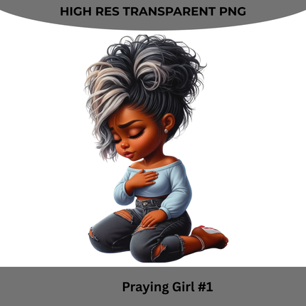 Praying Girl #1 PNG design by Style Junction Custom Digital Designs, exclusive high-res faith art with unique, creative detail.