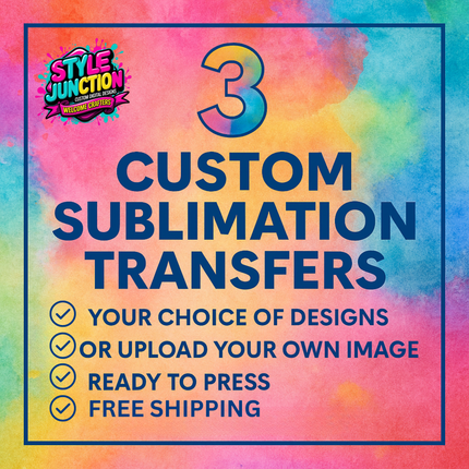 Vibrant colorful background with text advertising custom sublimation transfers set of 3, ready to press and free shipping.