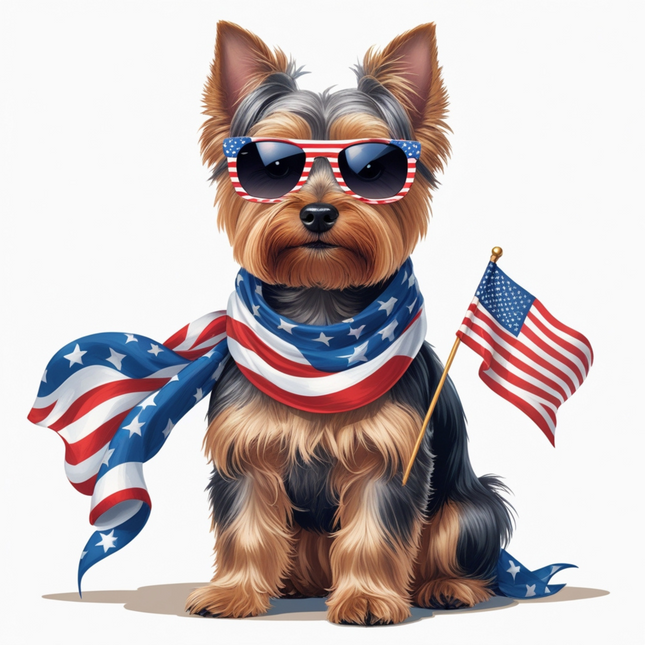 Patriotic Yorkie #2 with Flag & Shades – DTF Heat Transfer DTF Transfers Style Junction – Custom Digital Designs & Apparel
