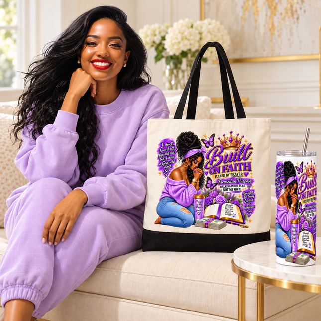 Custom Design Built on Faith Tote Bag and 20 oz Skinny Tumbler 2-Piece Set, Purple Prayer Artwork with Butterflies and Flowers, Christian Gift Set