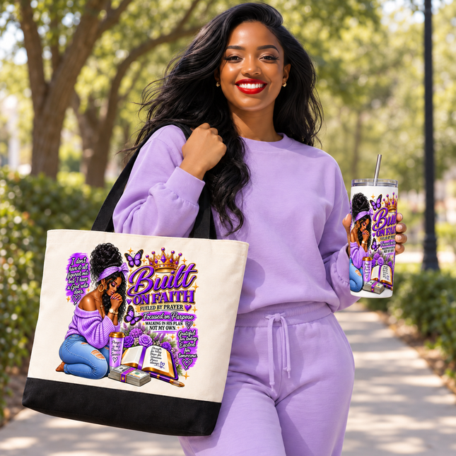 Custom Design Built on Faith Tote Bag and 20 oz Skinny Tumbler 2-Piece Set, Purple Prayer Artwork with Butterflies and Flowers, Christian Gift Set