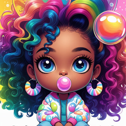 Curly-Haired Black Girl Wall Art – Rainbow Bubblegum Pop Style Digital File Style-Junction Custom Designs & Prints
