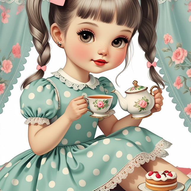 Retro Tea Party Girl Wall Art – Silver Hair & Polka Dot Dress Digital File Style-Junction Custom Designs & Prints
