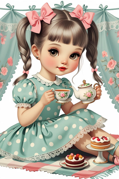 Retro Tea Party Girl Clipart Wall Art | Silver Hair, Mint Polka Dot Dress, Vintage Picnic Vibes | JPG Digital Download in 3 Ratios Digital File Style-Junction Custom Designs & Prints
