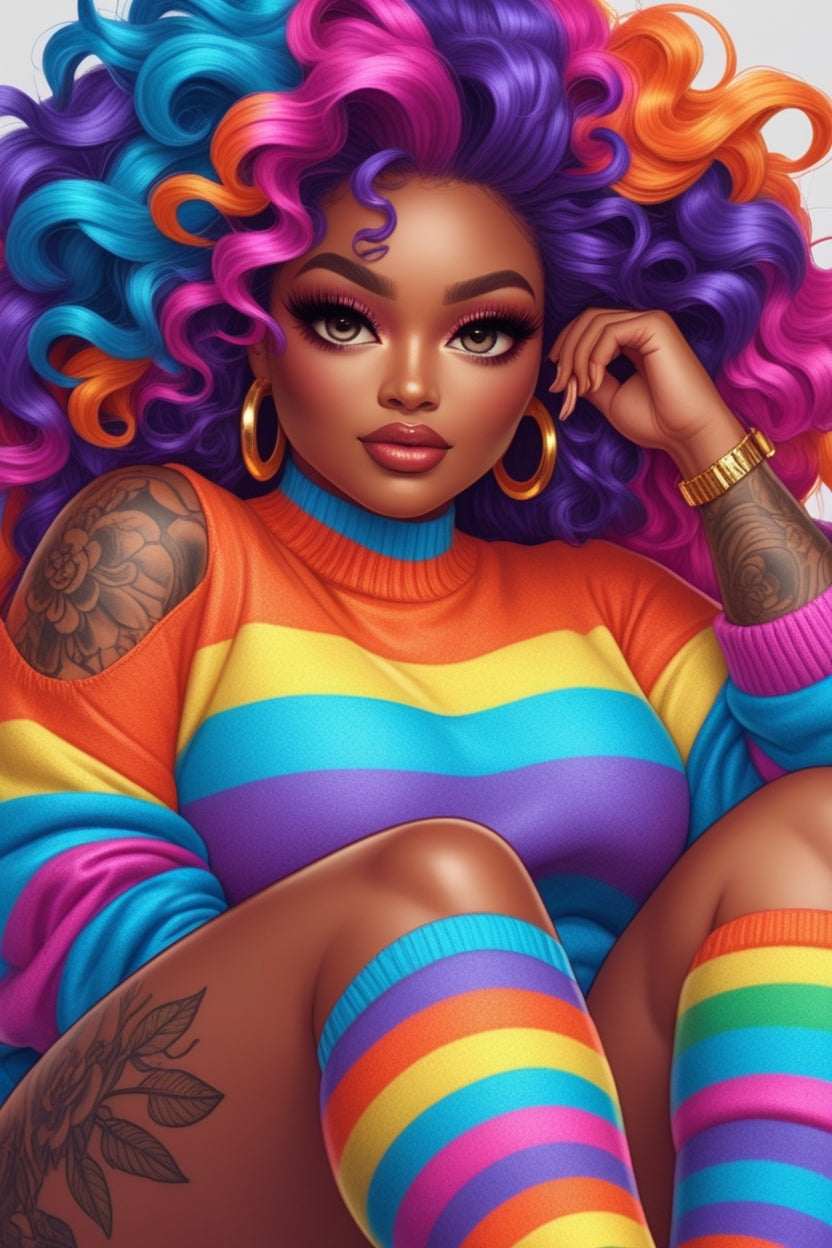 Rainbow Afro Black Girl Wall Art | Vibrant Digital Portrait | 3 High-Res JPGs | Curly Hair Fashion | Pride Decor | Bold Printable Download Digital File Style-Junction Custom Designs & Prints