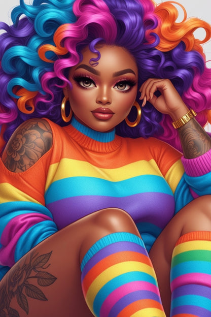 Rainbow Afro Black Girl Wall Art | Vibrant Digital Portrait | 3 High-Res JPGs | Curly Hair Fashion | Pride Decor | Bold Printable Download Digital File Style-Junction Custom Designs & Prints