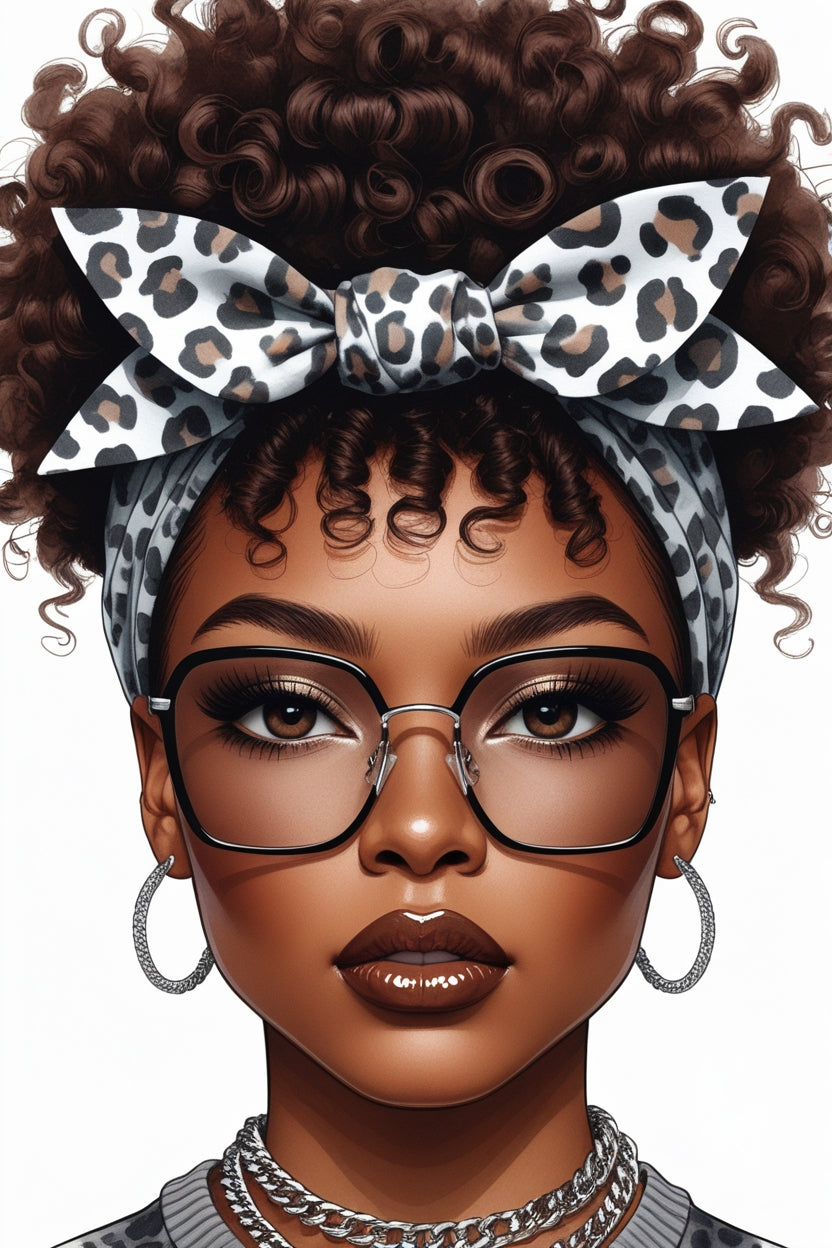 Curly Hair Black Girl Wall Art | Leopard Bow & Glasses | 3 High-Res JPGs | Afro Style Digital Print for Decor, Gifts, Sublimation, DIY Digital File Style-Junction Custom Designs & Prints