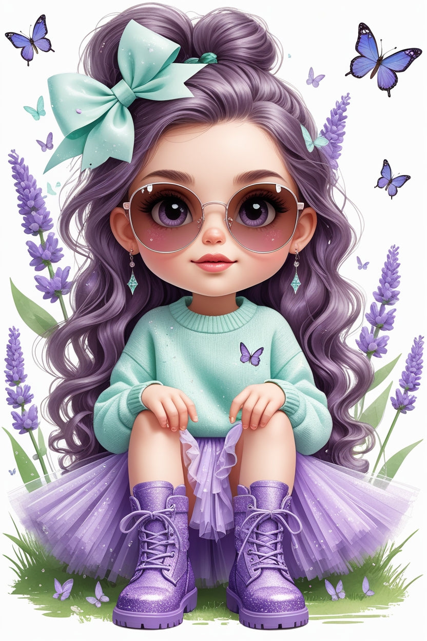 Lavender Hair Girl Clipart Wall Art | Purple Boots, Mint Sweater & Butterfly Theme | High-Res JPG Digital Download in 3 Ratios Digital File Style-Junction Custom Designs & Prints