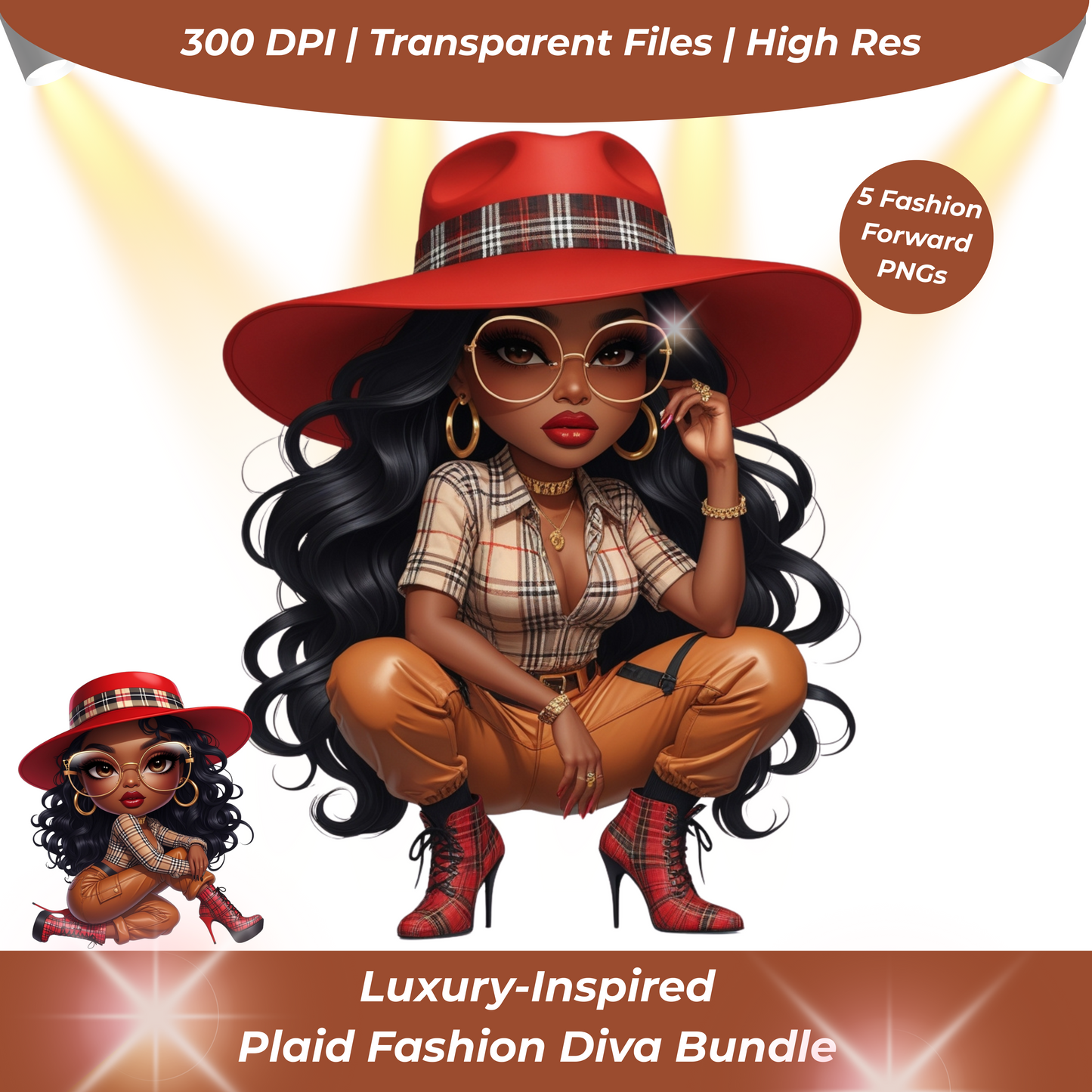 Luxury Plaid Diva PNG Bundle – 5 High-Res Fashion Clipart Files | Black Girl Digital Art for Sublimation, Apparel, Tote Bags Digital File Style-Junction Custom Designs & Prints