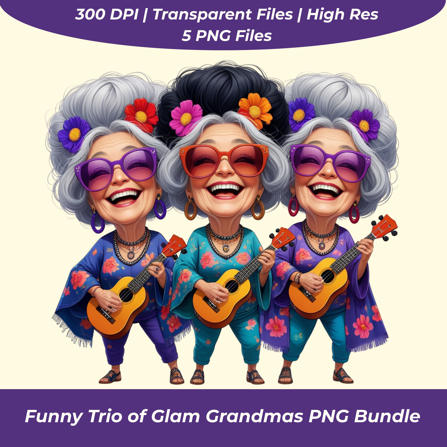Funny Trio of Glam Grandmas PNG Bundle | 5 High-Res Transparent Clipart Files for Sublimation T-Shirts, Mugs, Wall Art & More Digital File Style-Junction Custom Designs & Prints