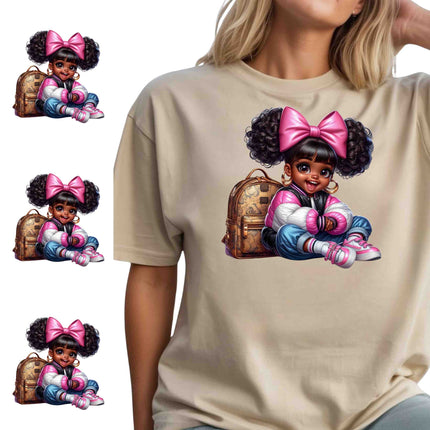 Little Miss Backpack Cutie 6-Pack – 3 Eco-Solvent + 3 Sublimation Iron on Transfers - Ready to Press (Iron on Transfers Only)