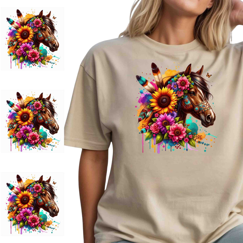 Boho Sunflower Spirit Horse 6-Pack Bundle – 3 Eco-Solvent + 3 Sublimation Iron on Transfers - Ready to Press (Iron on Transfers Only)