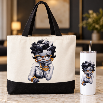 Custom Design Retro Glam Girl Tote Bag and 20 oz Skinny Tumbler 2-Piece Set, Grayscale Portrait with Gold Glasses and Jewelry, Matching Accessories