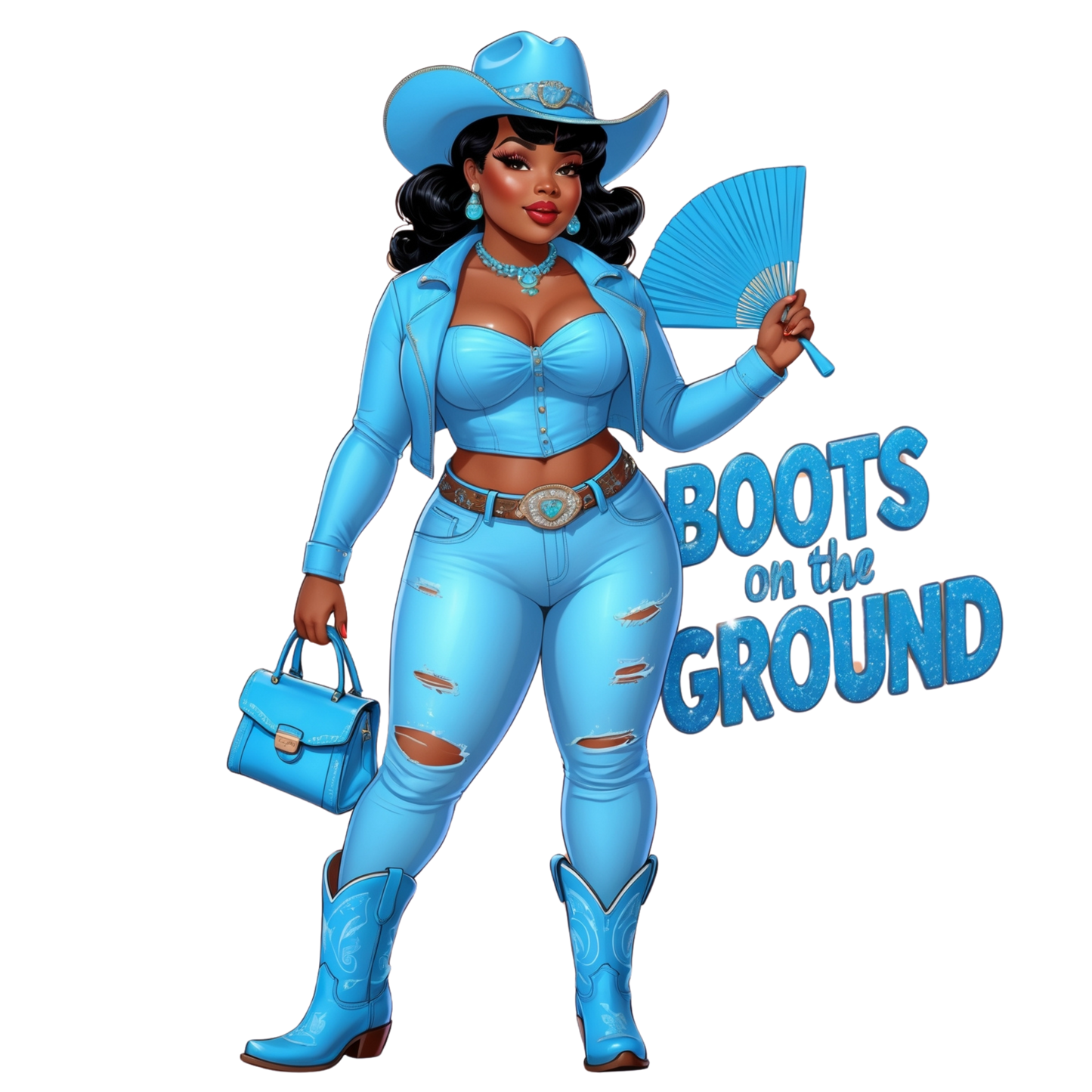 Boots on the Ground Blue Curvy Cowgirl DTF Heat Transfers DTF Transfers Style Junction – Custom Digital Designs 1 Pocket 4 x 4