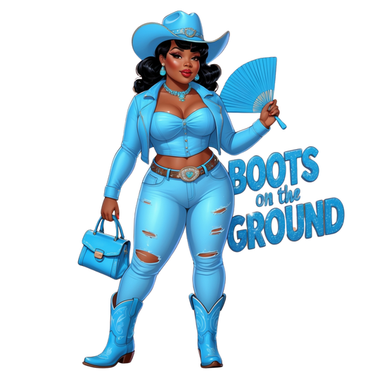 Curvy Cowgirl in Light Blue Outfit – DTF Heat Transfers #1 DTF Transfers Style Junction – Custom Digital Designs & Apparel