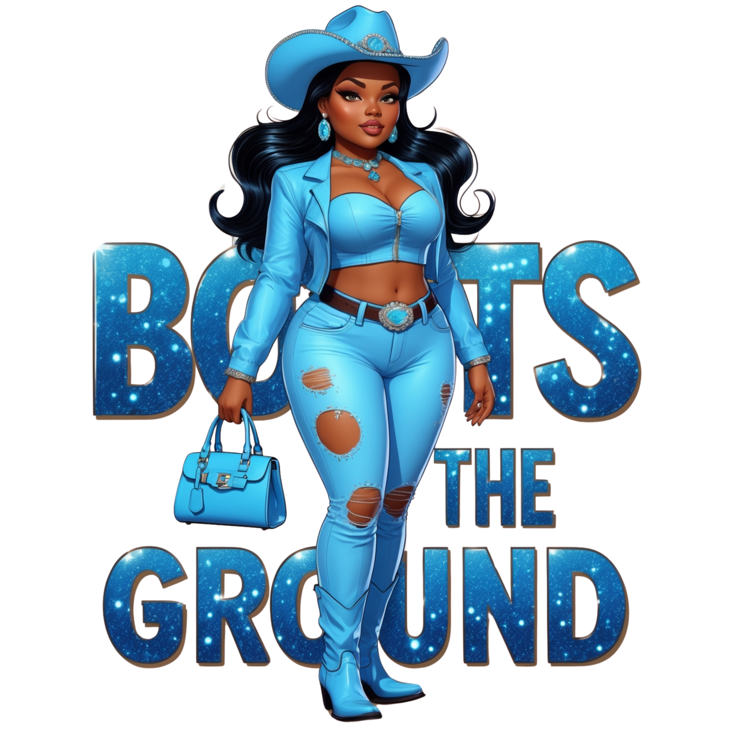 Boots on the Ground Blue Curvy Cowgirl DTF Heat Transfers DTF Transfers Style Junction – Custom Digital Designs 2 Pocket 4 x 4