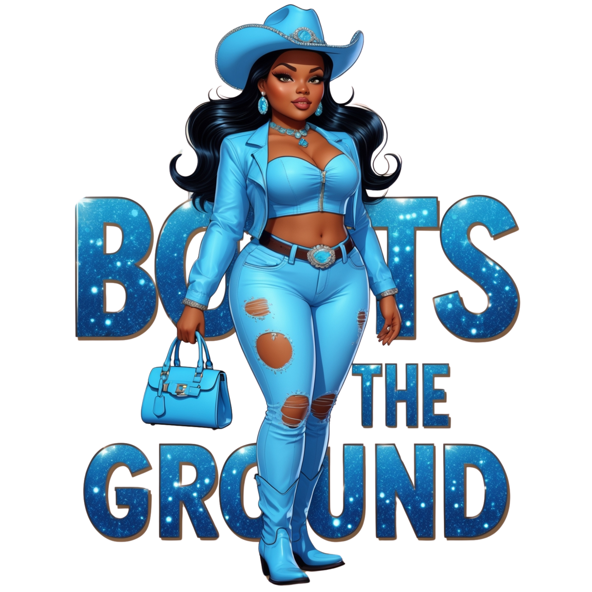 Boots on the Ground Blue Curvy Cowgirl DTF Heat Transfers DTF Transfers Style Junction – Custom Digital Designs 2 Pocket 4 x 4