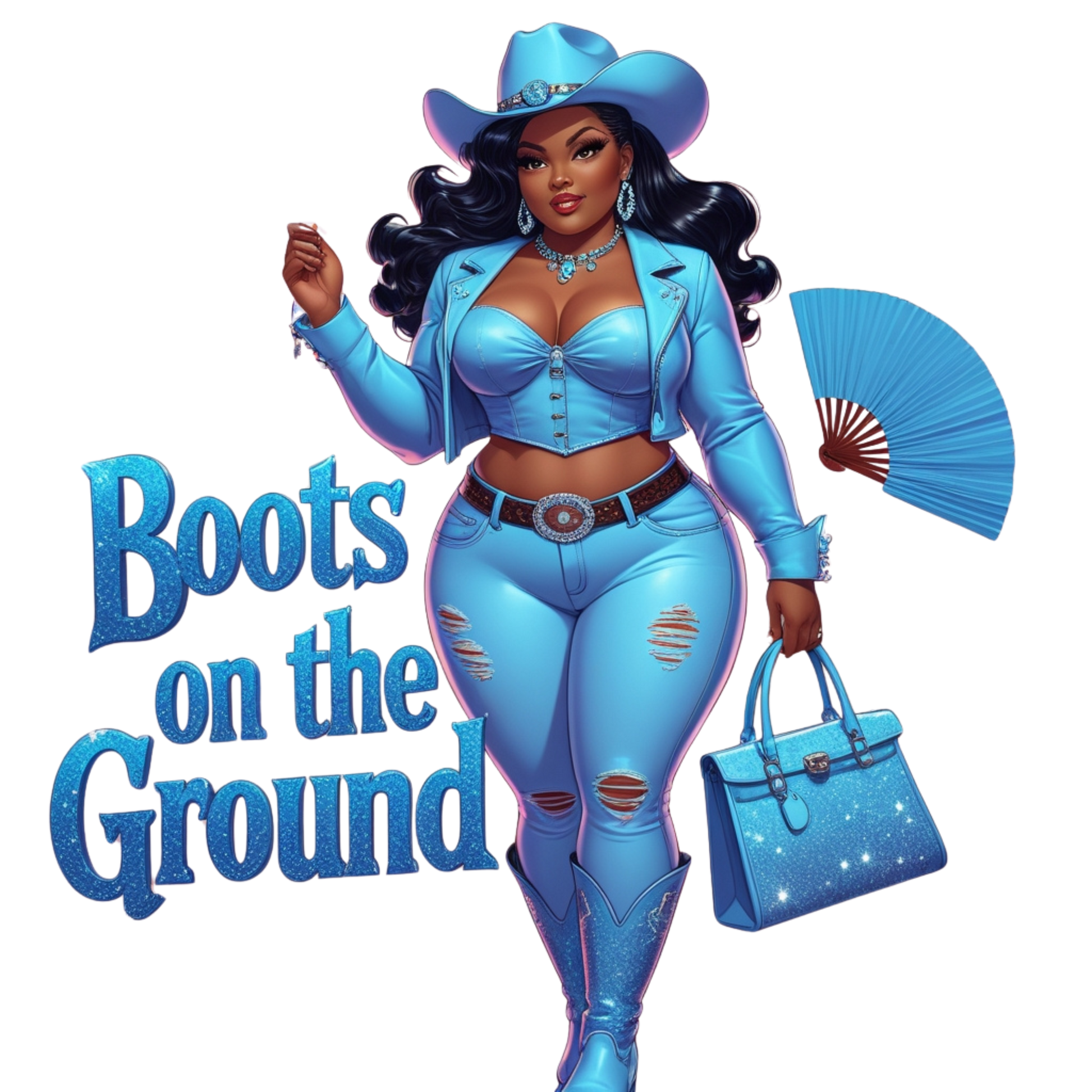 Boots on the Ground Blue Curvy Cowgirl DTF Heat Transfers DTF Transfers Style Junction – Custom Digital Designs 4 Pocket 4 x 4