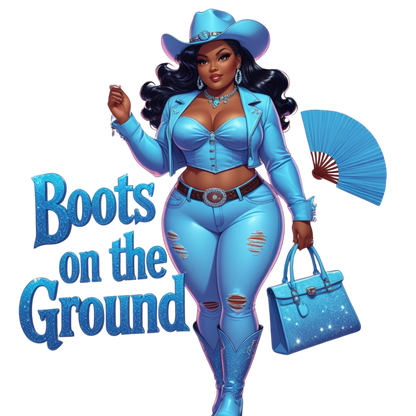 Boots on the Ground Blue Curvy Cowgirl DTF Heat Transfers DTF Transfers Style Junction – Custom Digital Designs 4 Pocket 4 x 4