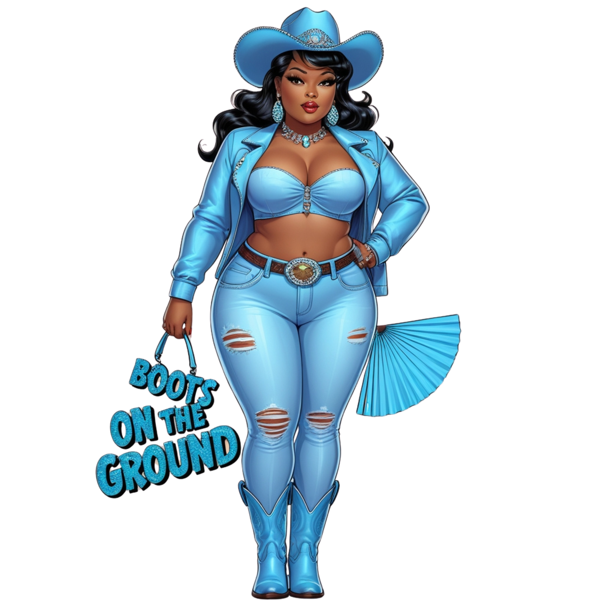 Boots on the Ground Blue Curvy Cowgirl DTF Heat Transfers DTF Transfers Style Junction – Custom Digital Designs 5 Pocket 4 x 4
