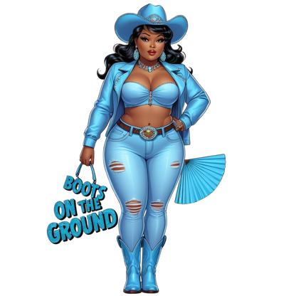 Boots on the Ground Blue Curvy Cowgirl DTF Heat Transfers DTF Transfers Style Junction – Custom Digital Designs 5 Pocket 4 x 4