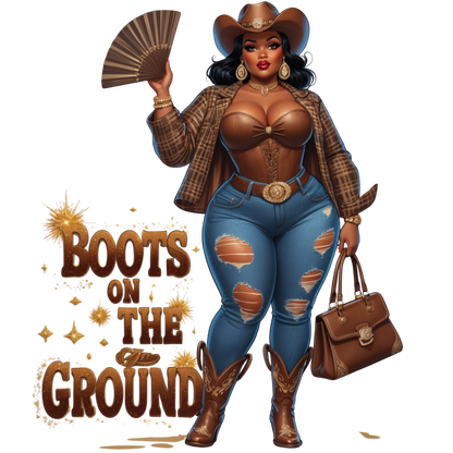 Boots on the Ground Brown Curvy Cowgirl DTF Heat Transfers DTF Transfers Style Junction – Custom Digital Designs 2 Pocket 4 x 4