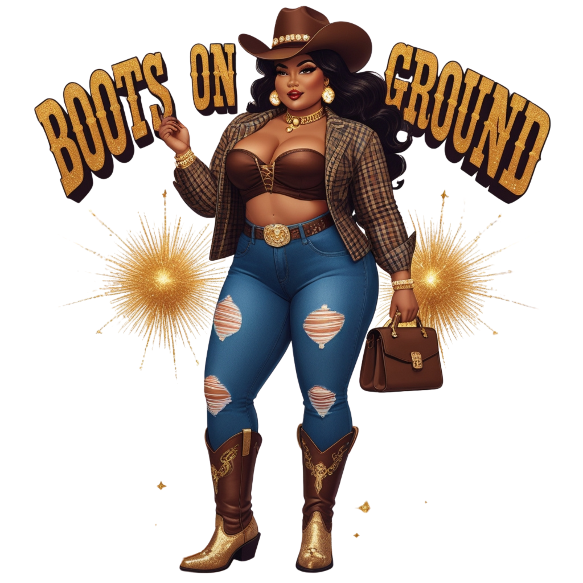 Boots on the Ground Brown Curvy Cowgirl DTF Heat Transfers DTF Transfers Style Junction – Custom Digital Designs 5 Pocket 4 x 4