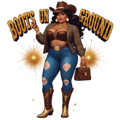 Boots on the Ground Brown Curvy Cowgirl DTF Heat Transfers DTF Transfers Style Junction – Custom Digital Designs 5 Pocket 4 x 4