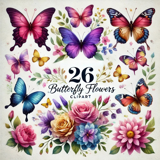 Butterfly Flowers Clipart: Exclusive Image Vault Collection of 26 Images & 1 File Digital File Style-Junction Custom Designs & Prints