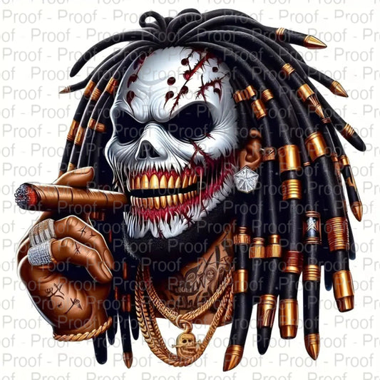 Bullet Dread Skull Smoking Cigar DTF Transfer – Bold Apparel Design for All Fabrics DTF Prints Style Junction